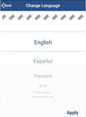 From the list of available languages, thumb-scroll to select the desired language. Once selected click on Apply (at the bottom of the screen) to save the language of choice. 